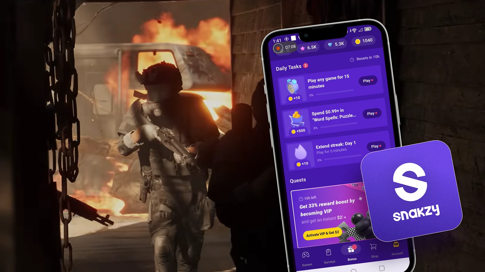 Imagen del juego «Ready or Not» junto al logotipo de la aplicación de recompensas Snakzy