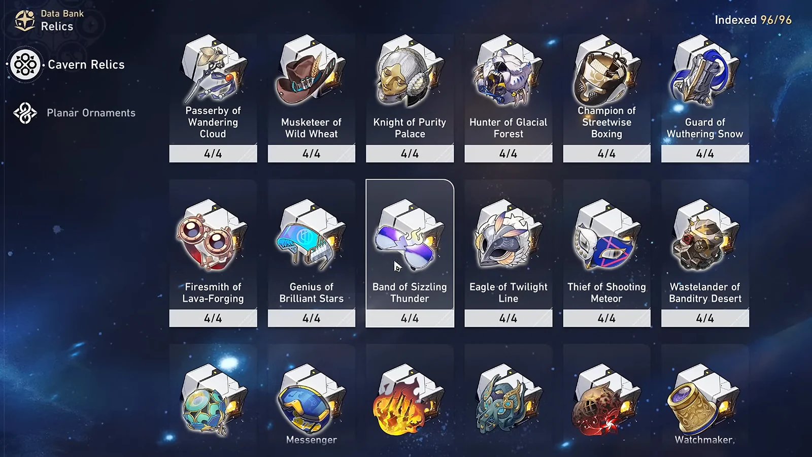 Honkai: Star Rail Relics menu: Band of Sizzling Thunder, Genius of Brilliant Stars, and other sets