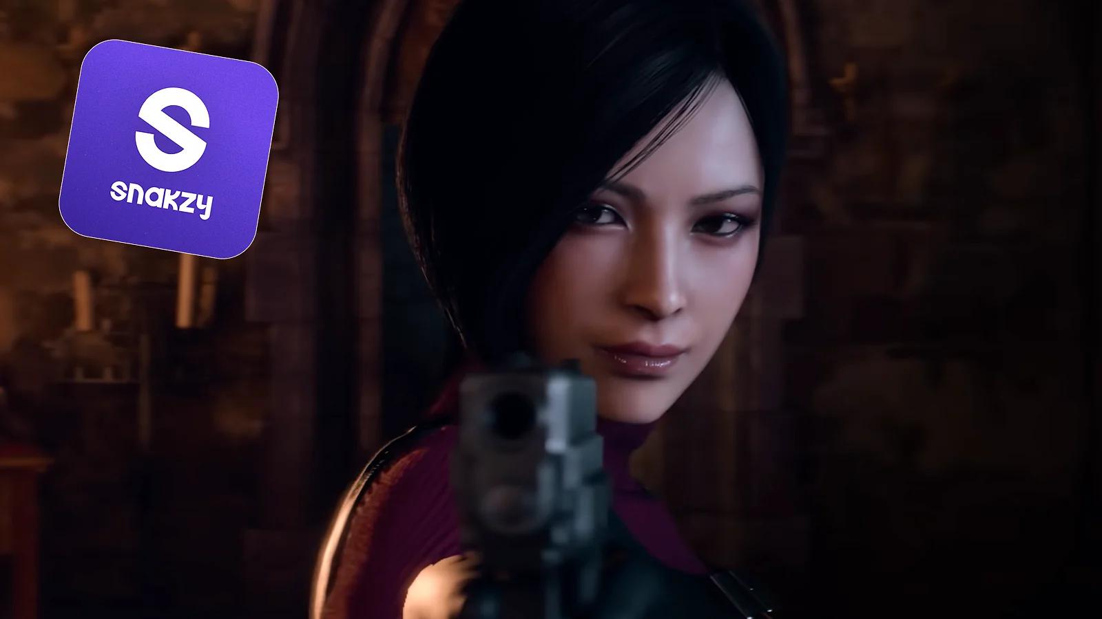 A woman with a gun and snakzy logo