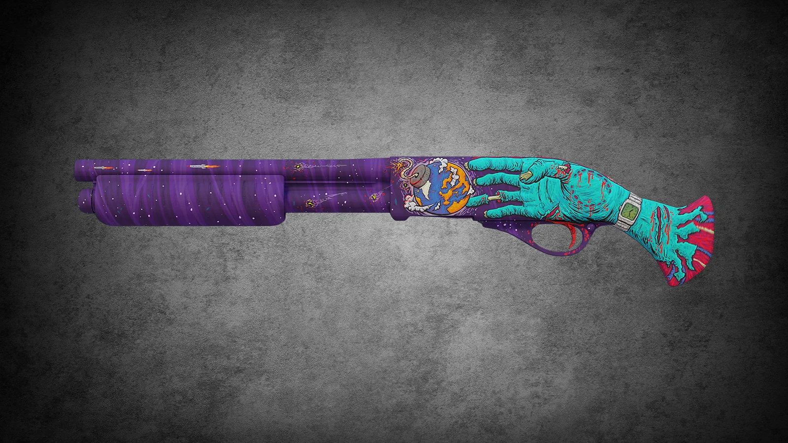 CS2 anime skin - Sawed-Off Apocalypto with a zombie hand reaching for Earth