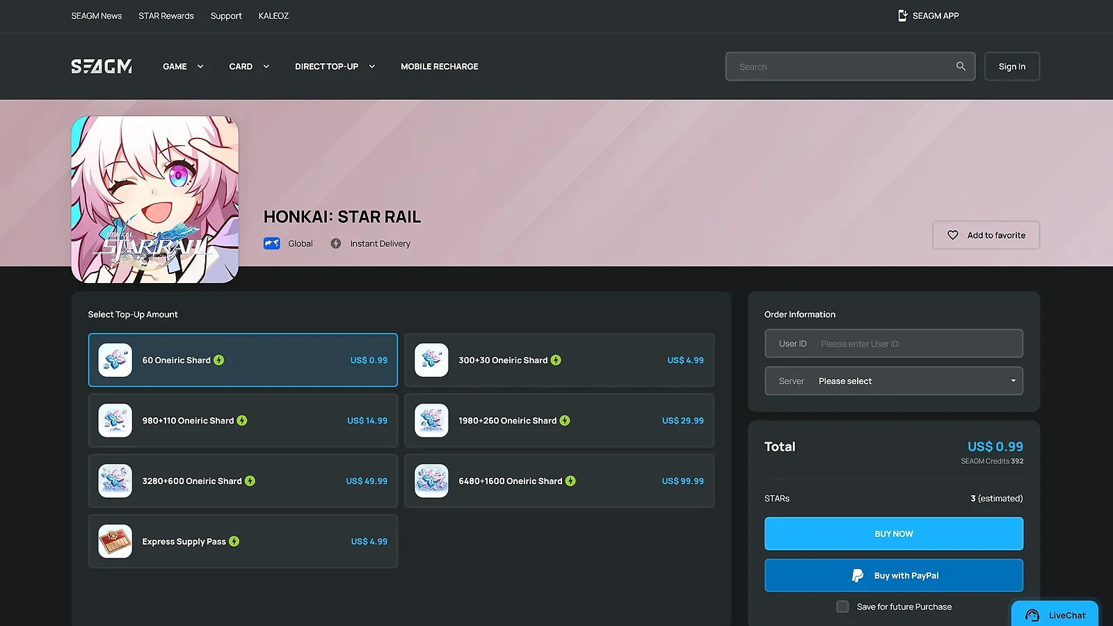 SEAGM direct top-up dashboard, a reliable website to buy cheap Oneiric Shards instantly