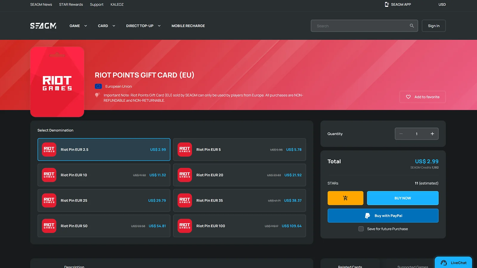 SEAGM: League of Legends gift cards for the EU region with various Riot Pin denominations and prices