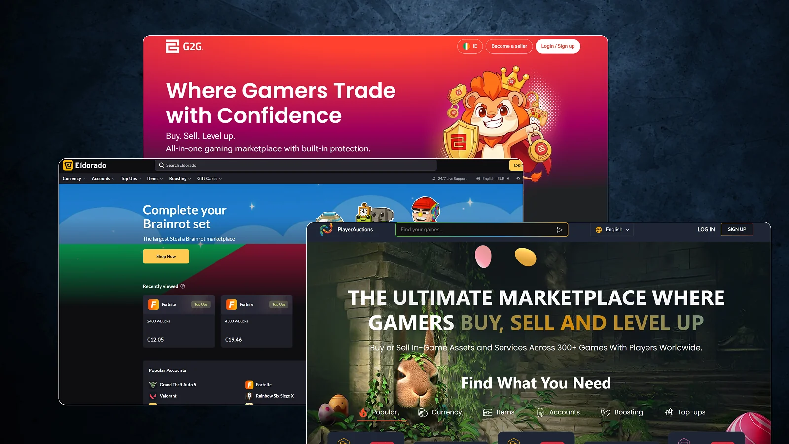 G2G, Eldorado and PlayerAuctions website pages