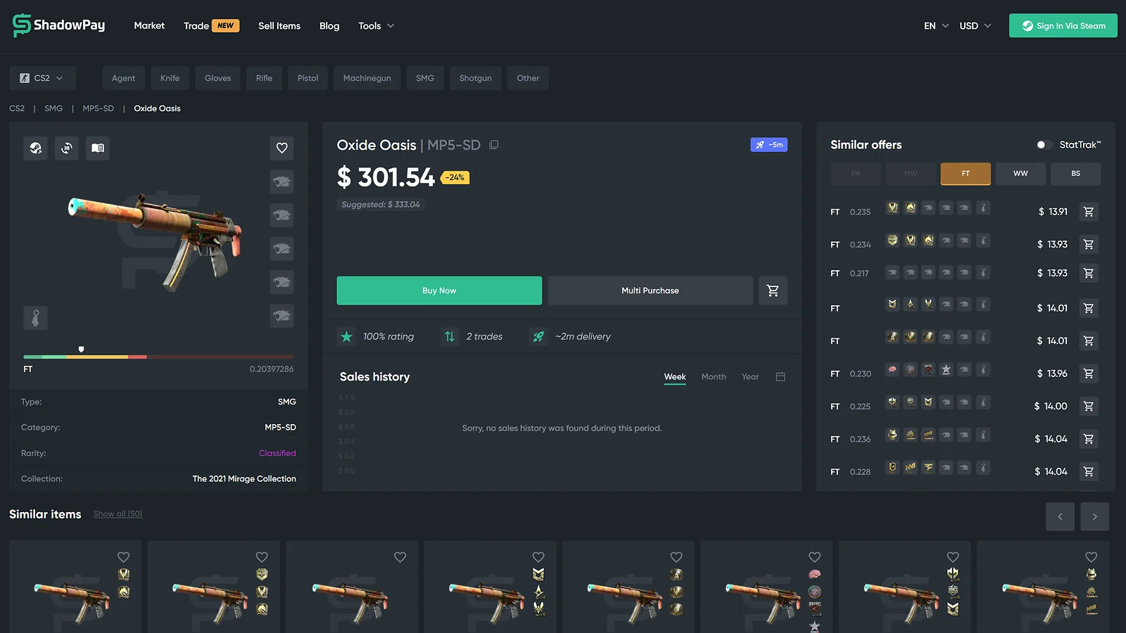 ShadowPay CS2 trading site - MP5-SD Oxide Oasis skin price and marketplace details