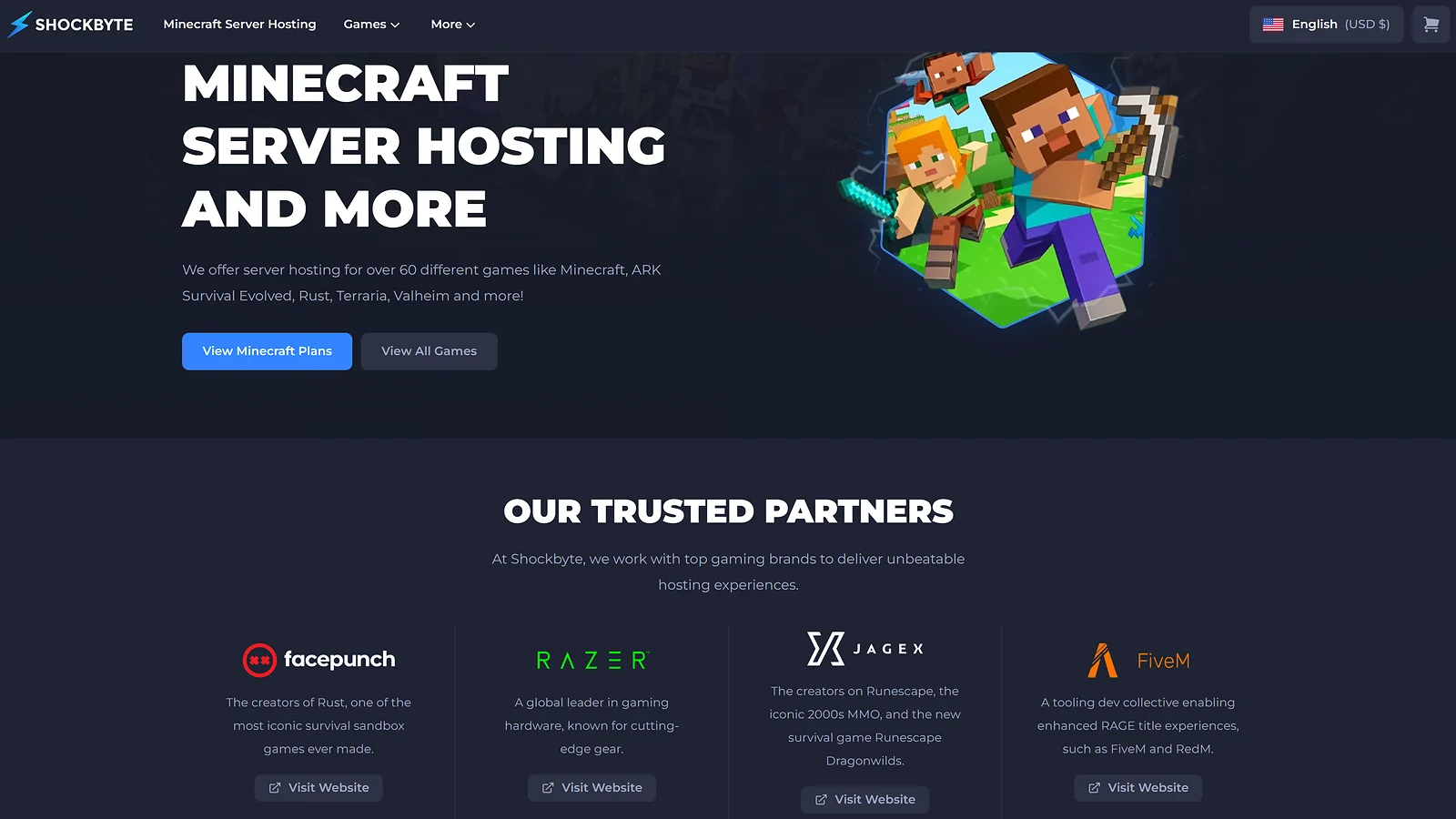 Shockbyte homepage promoting server hosting for Minecraft, ARK, and various survival games