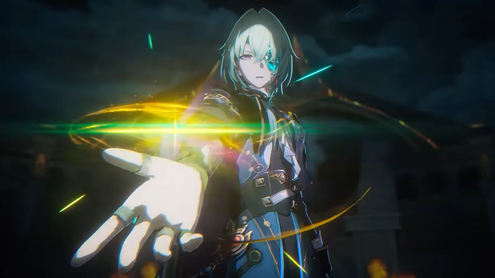 Anaxa reaching out with a glowing hand and golden energy in Honkai: Star Rail