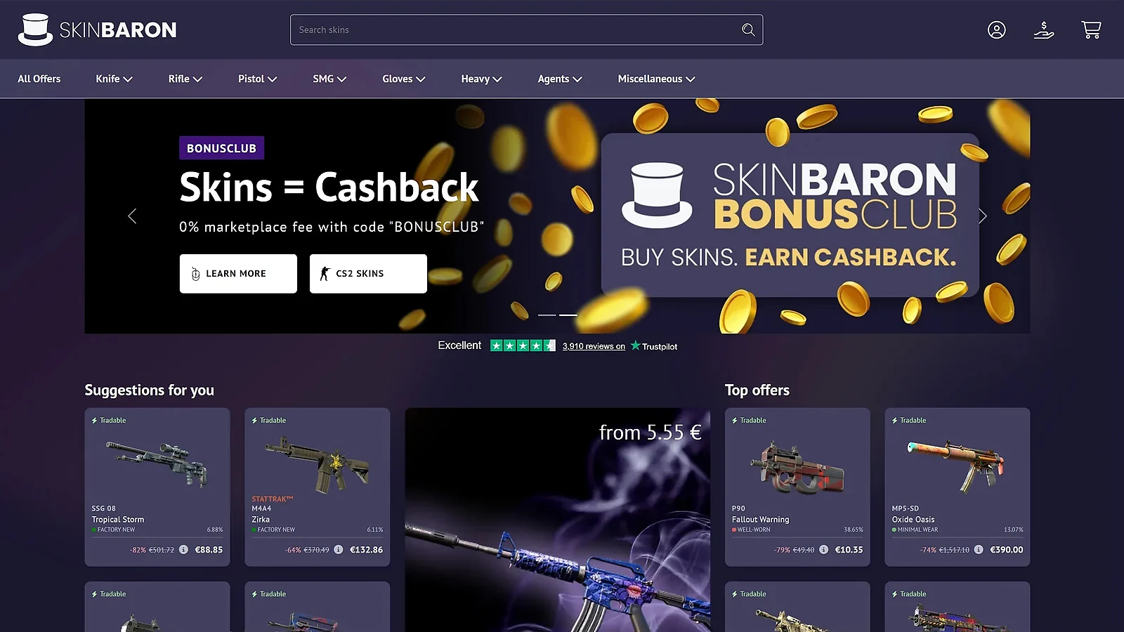 SkinBaron CS2 marketplace: BonusClub cashback offers, zero fee promotions, and discounted weapon skins