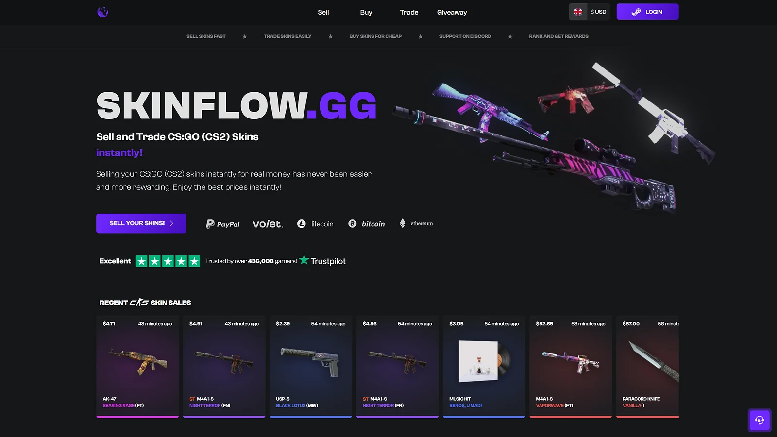 Skinflow.gg: Selling CS2 skins instantly for real money via PayPal and crypto