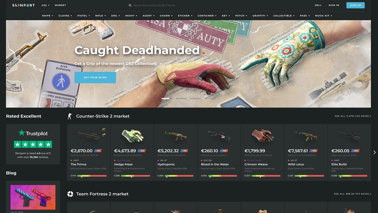 Skinport CS2 marketplace: High-tier weapon skins, Trustpilot ratings, and real money prices