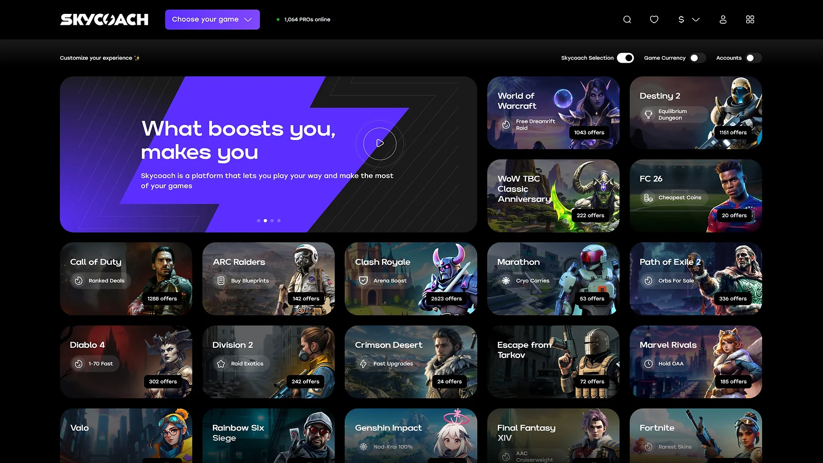 Skycoach platform displaying offers for Call of Duty, Genshin Impact, and Destiny 2