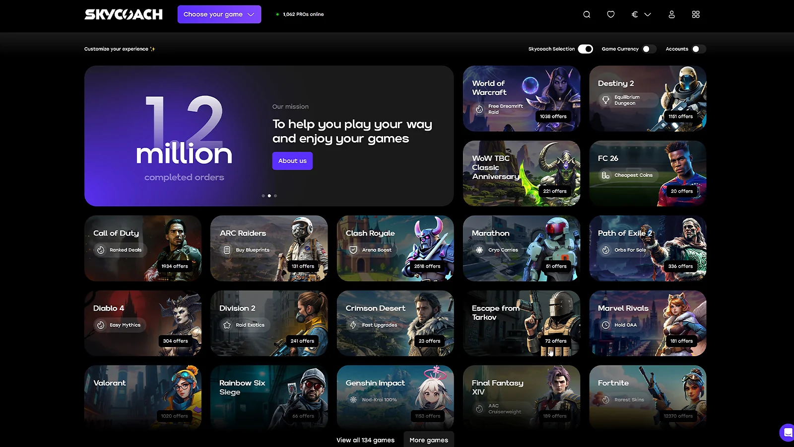 SkyCoach platform to sell Overwatch account: Marketplace showing boosting services and game offers