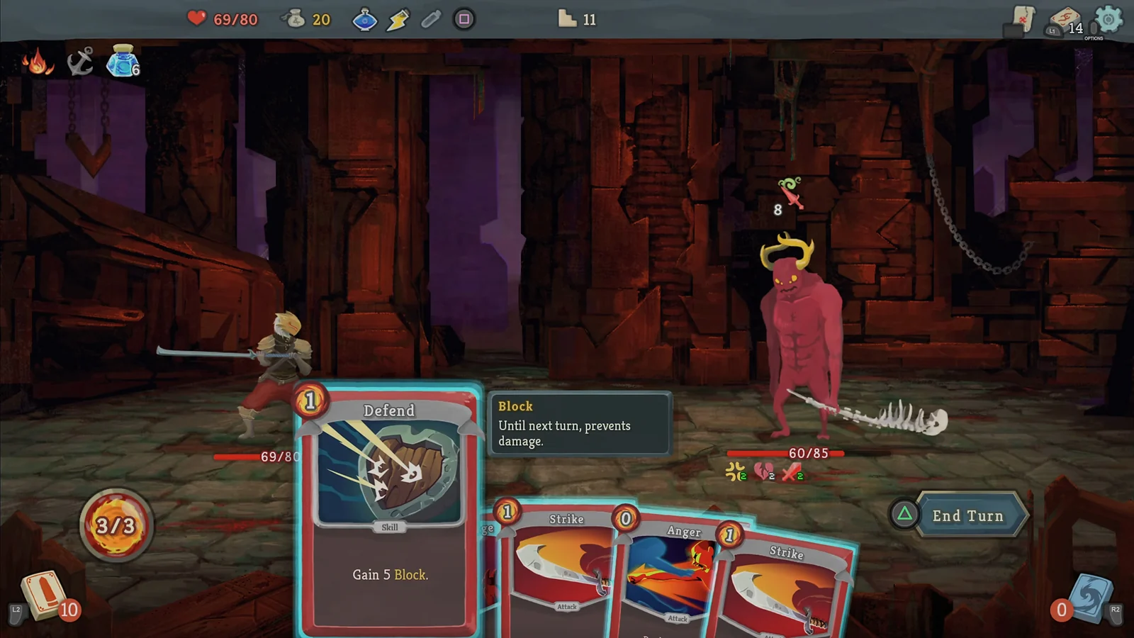 Gameplay of Slay the Spire showing a player character facing a red monster with combat cards like Defend and Strike in the foreground