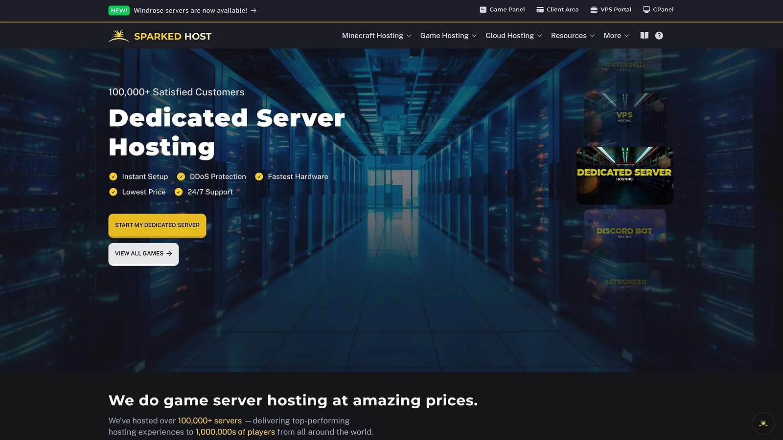 Sparked Host homepage featuring dedicated server hosting with instant setup and DDoS protection