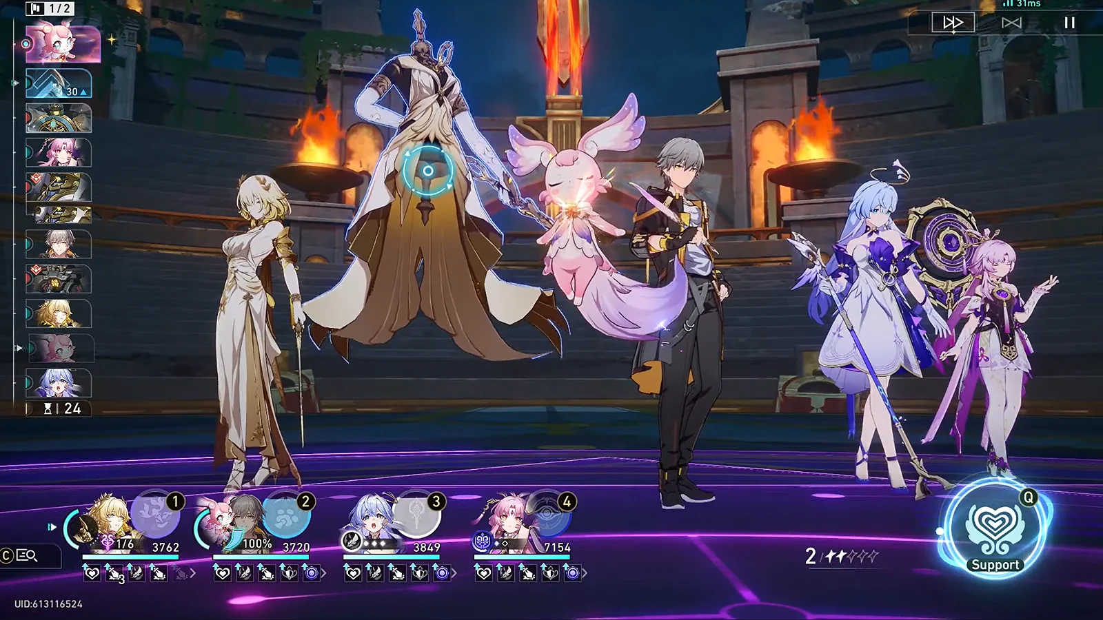 Honkai: Star Rail team comp featuring Sparxie, Robin, Fu Xuan, and Trailblazer in a battle arena
