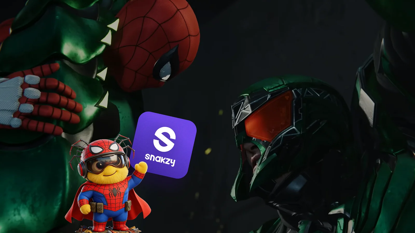 Two characters and snakzy mascot with snakzy logo