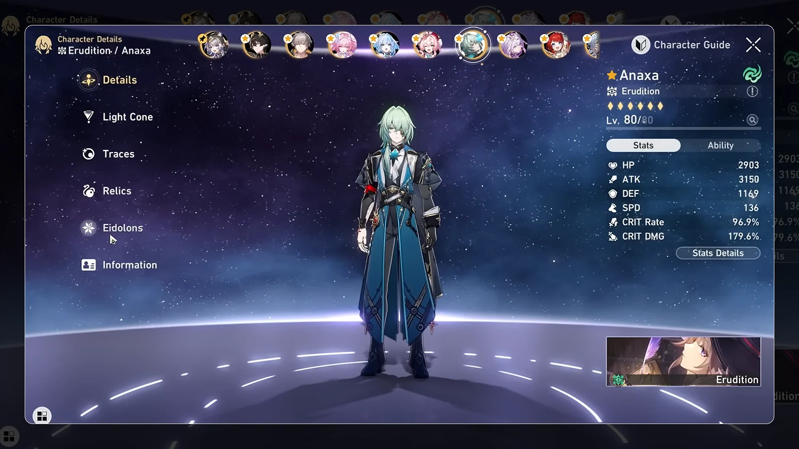 Anaxa character stats in Honkai: Star Rail showing Level 80, ATK, SPD, and CRIT values