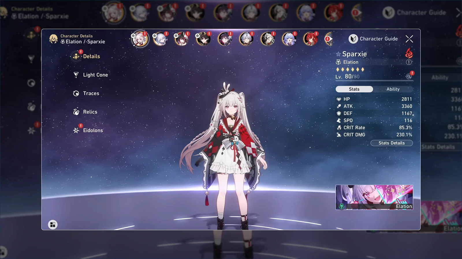Sparxie character attributes and stat priority in Honkai: Star Rail