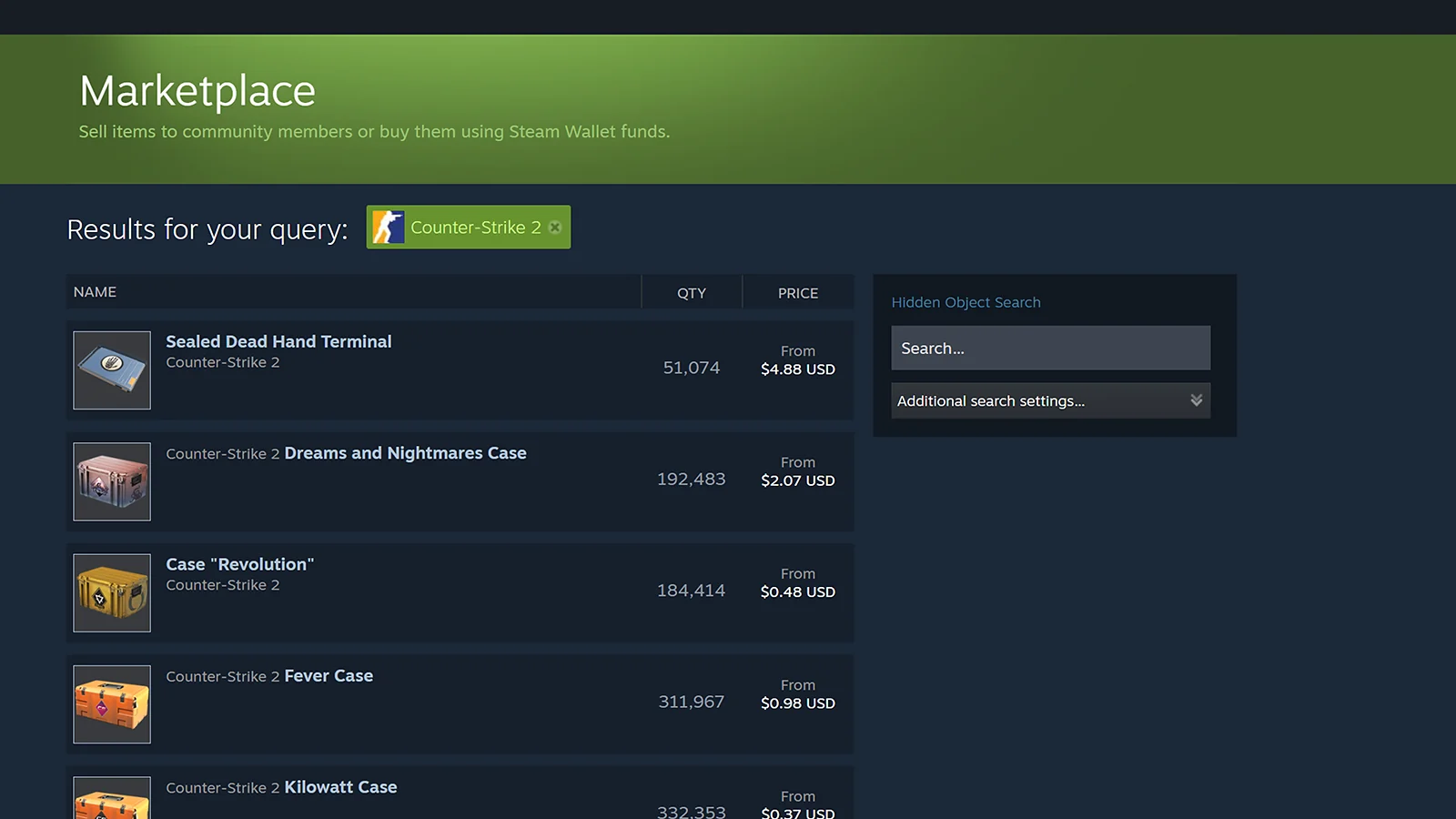 Steam market CS2 listing
