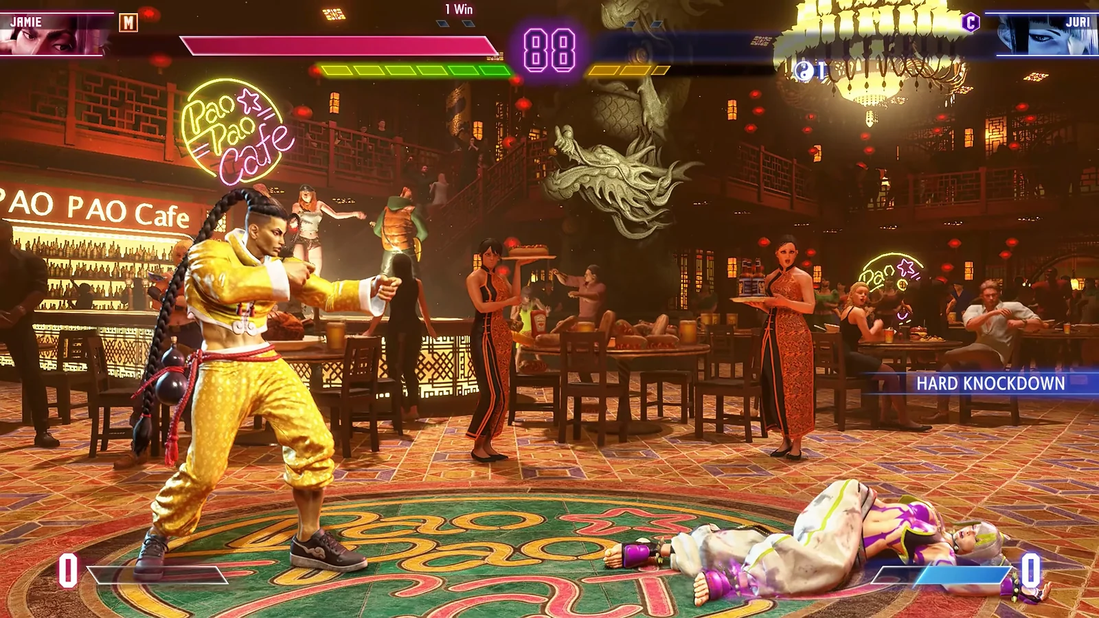 Fighting game match between Jamie and Juri in a vibrant restaurant setting in Street Fighter 6