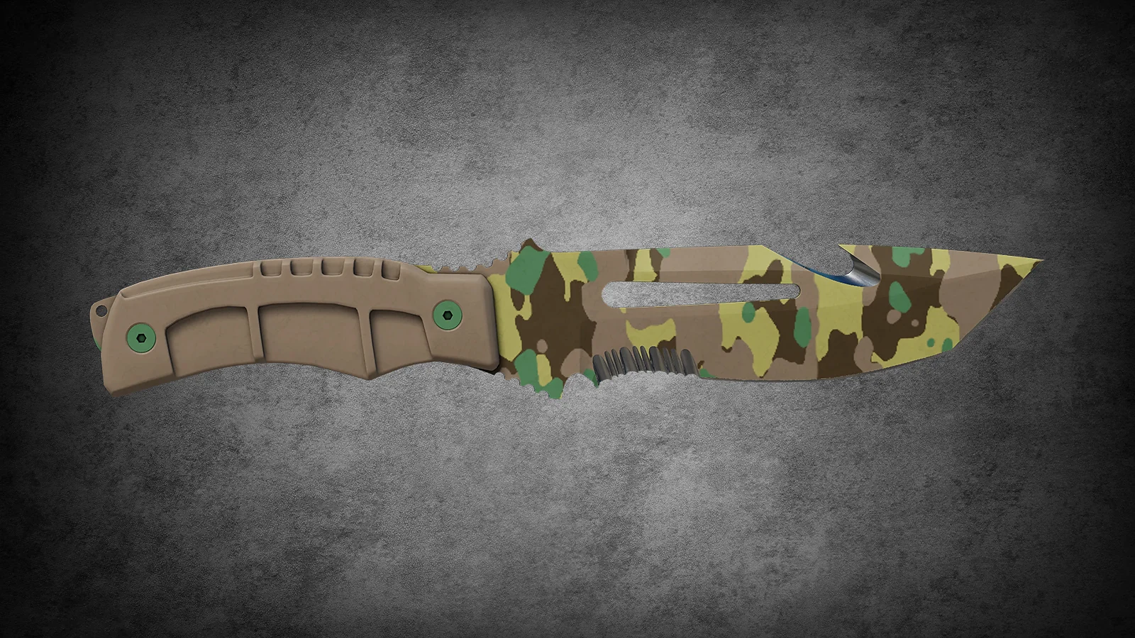 CS2 Fracture Case Knife: Survival Knife Boreal Forest skin with a green and brown woodland camouflage blade