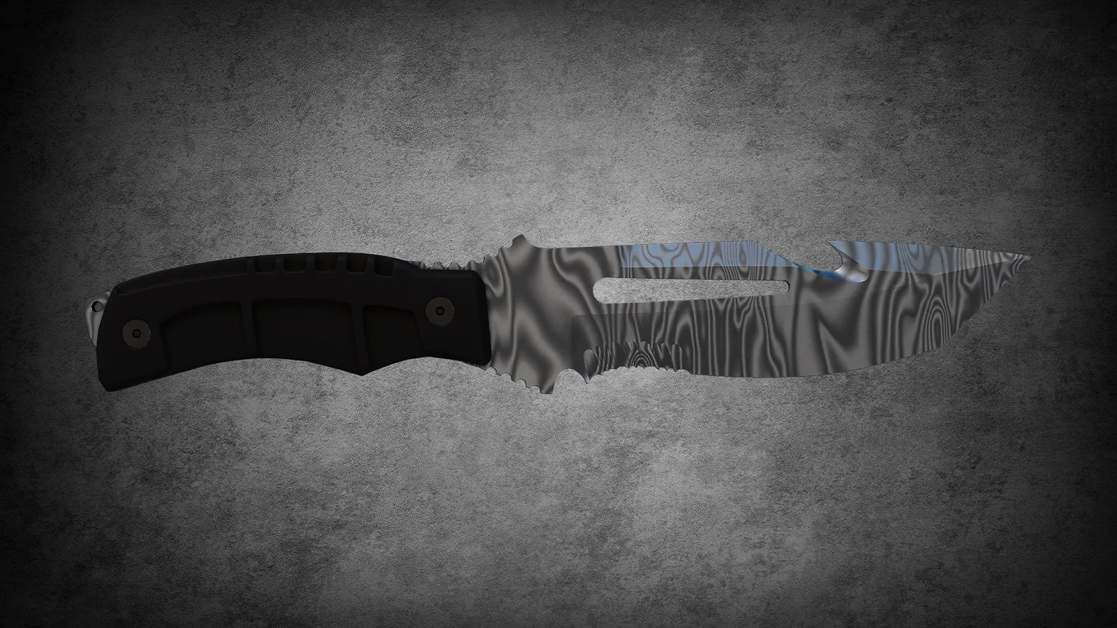 CS2 Fever Case Skin - Überlebensmesser aus Damaszenerstahl with a wavy, rippled grey and silver metal blade pattern