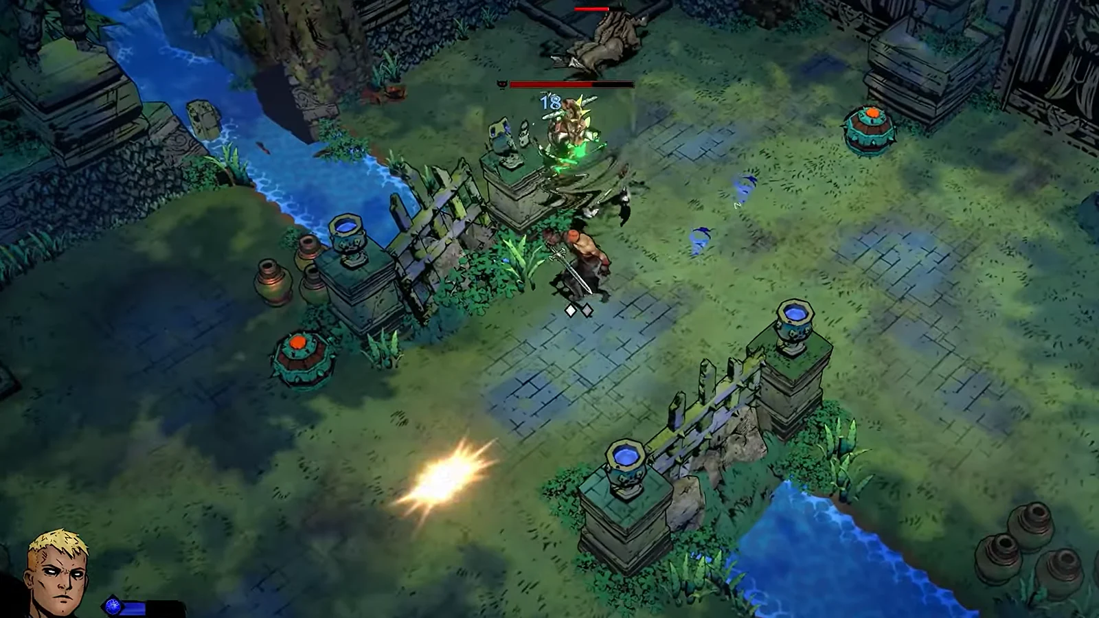 Isometric combat gameplay screenshot from SWORN showing a knight battling a corrupted enemy