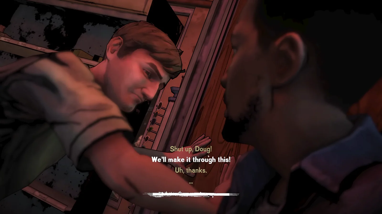 Lee and Doug struggle to hold a door shut against walkers in a scene from The Walking Dead: The Telltale Definitive Series