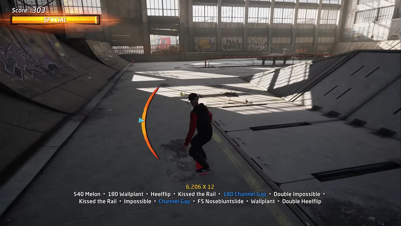 Performing a trick in an indoor skatepark warehouse with a high score combo counter displayed in Tony Hawk’s Pro Skater 1 + 2