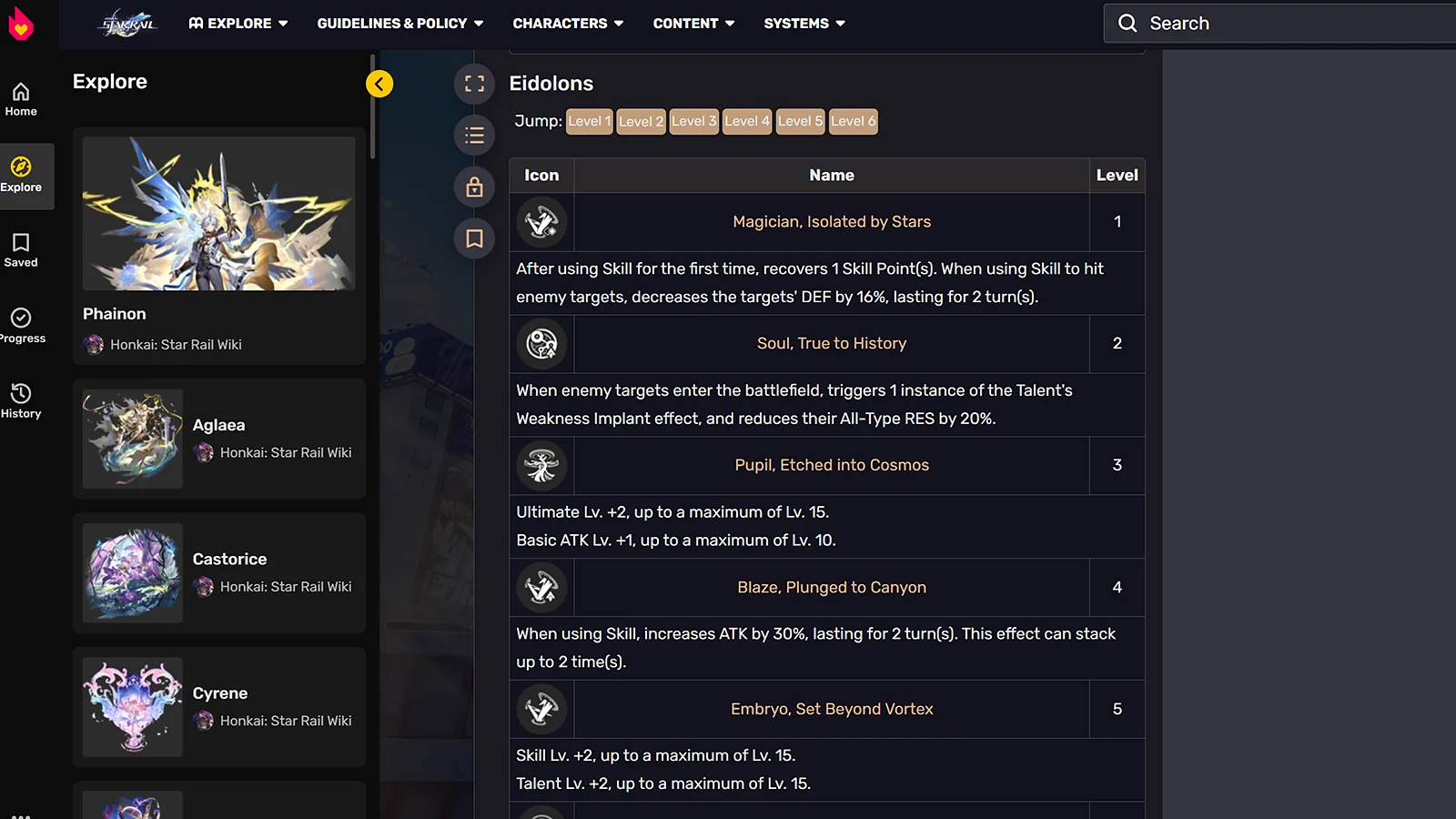 Honkai: Star Rail Eidolons table for Anaxa showing levels 1 through 5 and skill descriptions