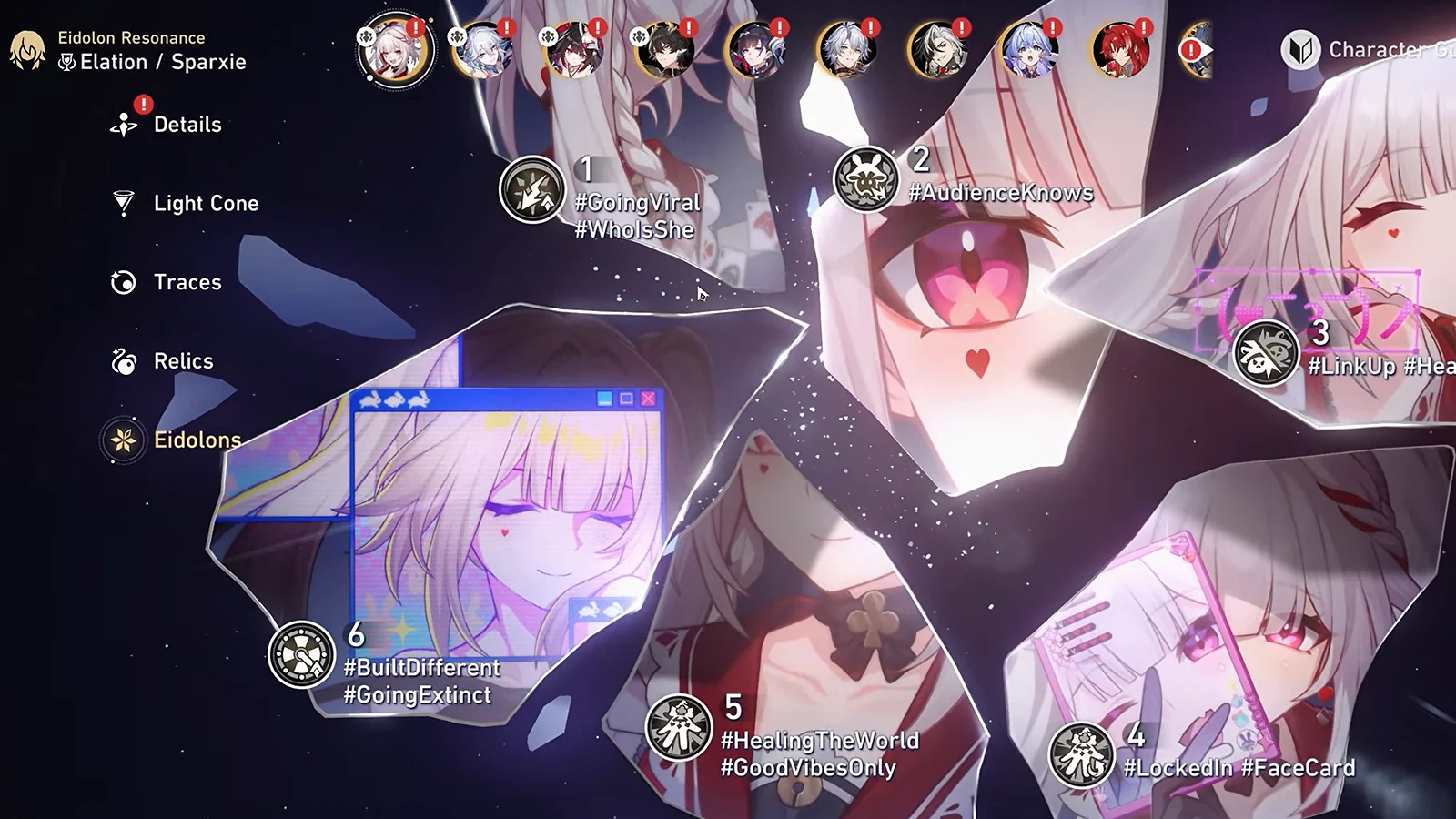 Sparxie Eidolon Resonance menu in Honkai: Star Rail showing six unlocked Eidolons