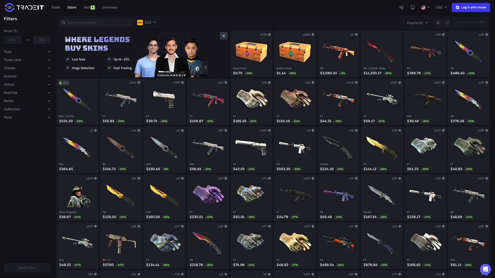 Tradeit.gg CS2 store: Huge selection of weapon skins, knives, and cases with discounted market prices