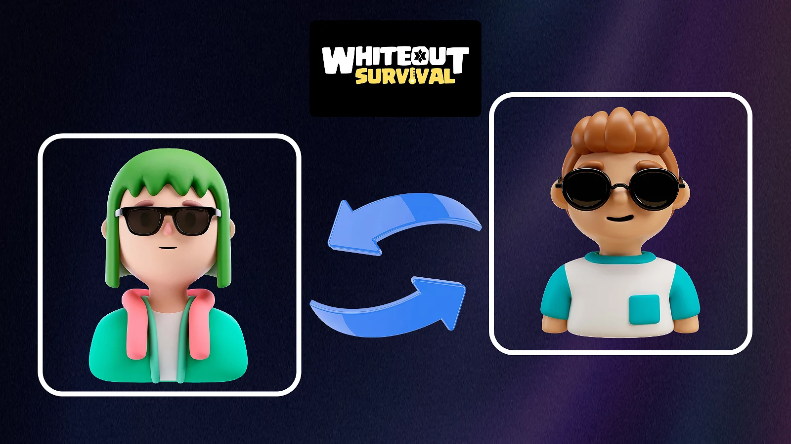 Logo Whiteout Survival, two avatars and arrows beetwen them