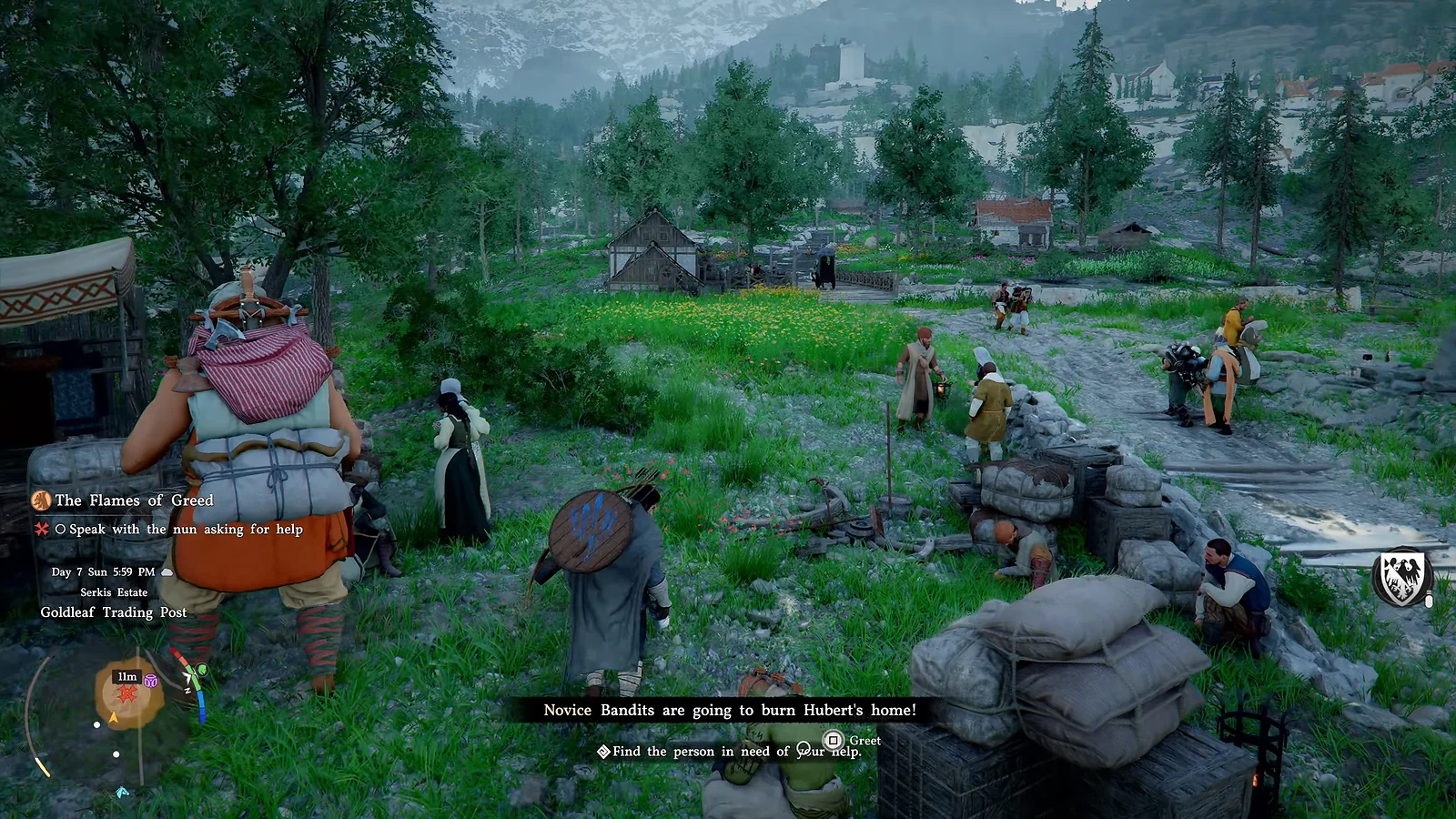 Crimson Desert quest Flames of Greed showing the character looking for NPCs at Goldleaf Trading Post