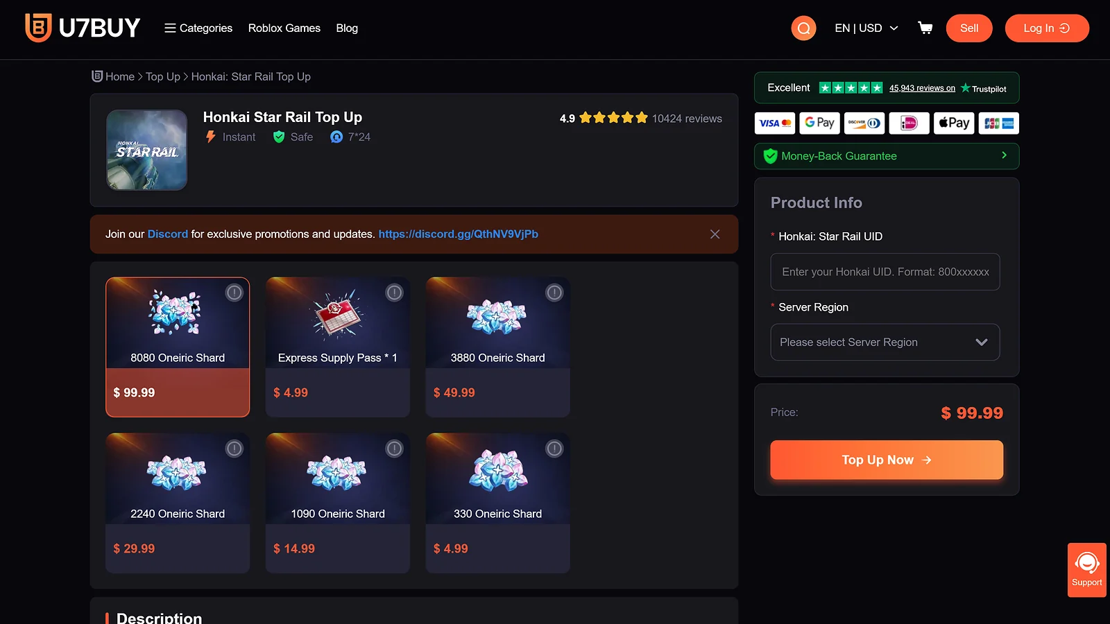 U7BUY secure checkout for Honkai: Star Rail, a website to buy cheap Oneiric Shards with Käuferschutz