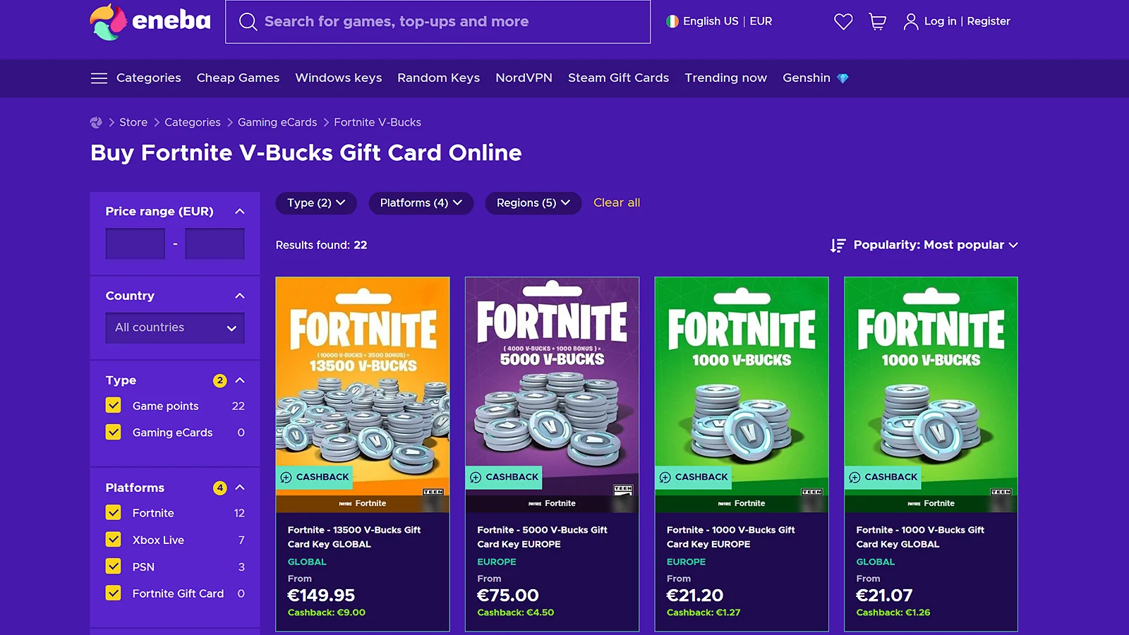 Fortnite V-bucks gift cards on Eneba