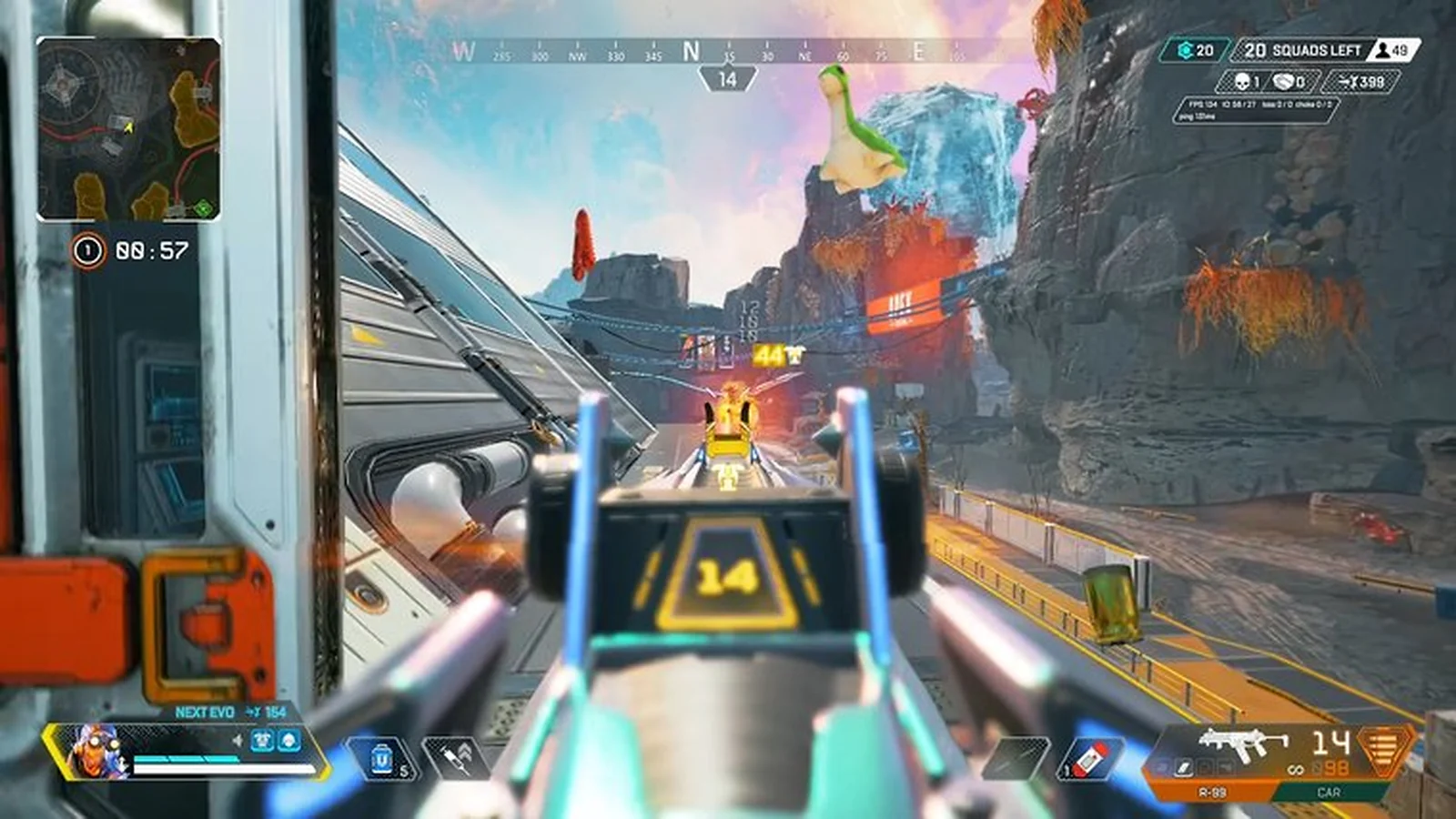 First-person view of a player aiming a weapon at Bloodhound during a match