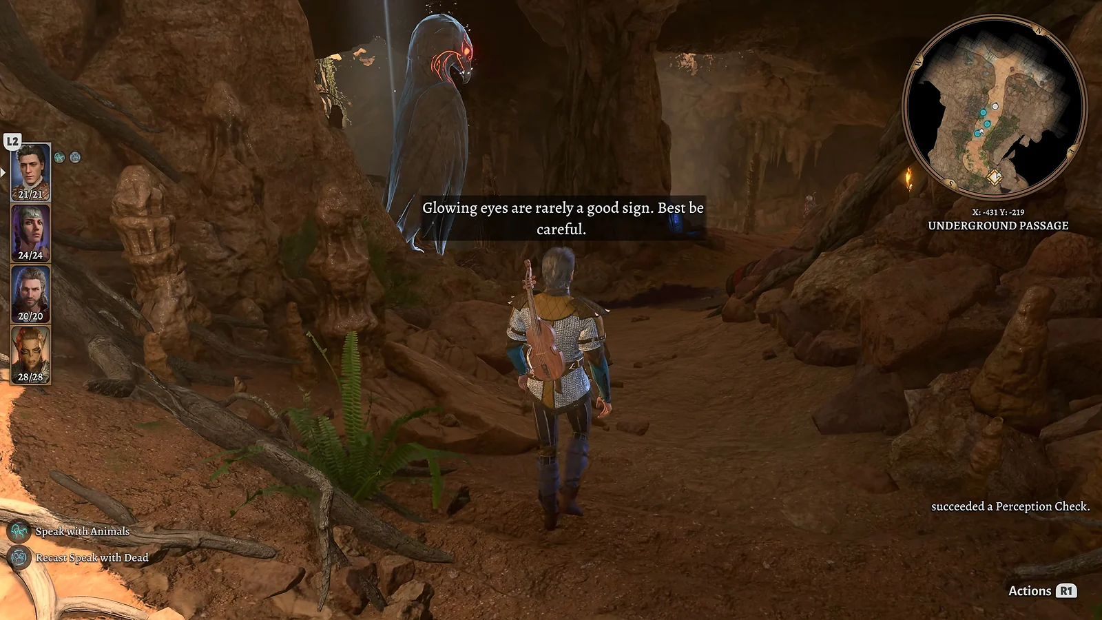 Medieval RPG: Exploring an underground passage with a party in Baldur's Gate 3