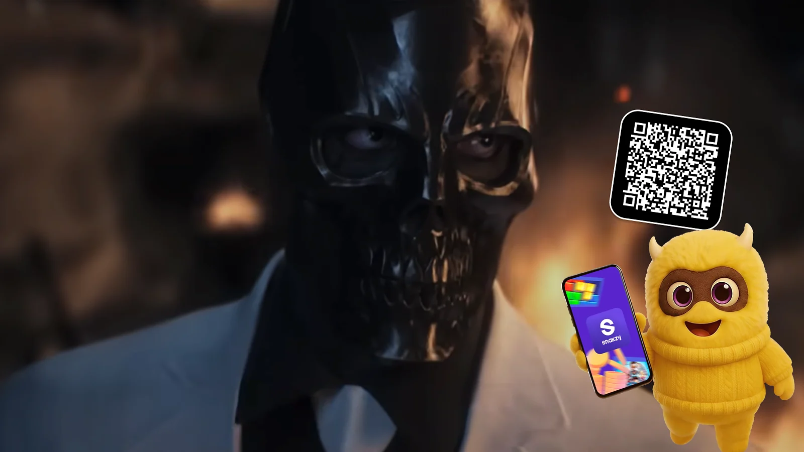 La mascota Snakzy y un código QR sobre el vídeo del juego «Batman: Arkham Origins»