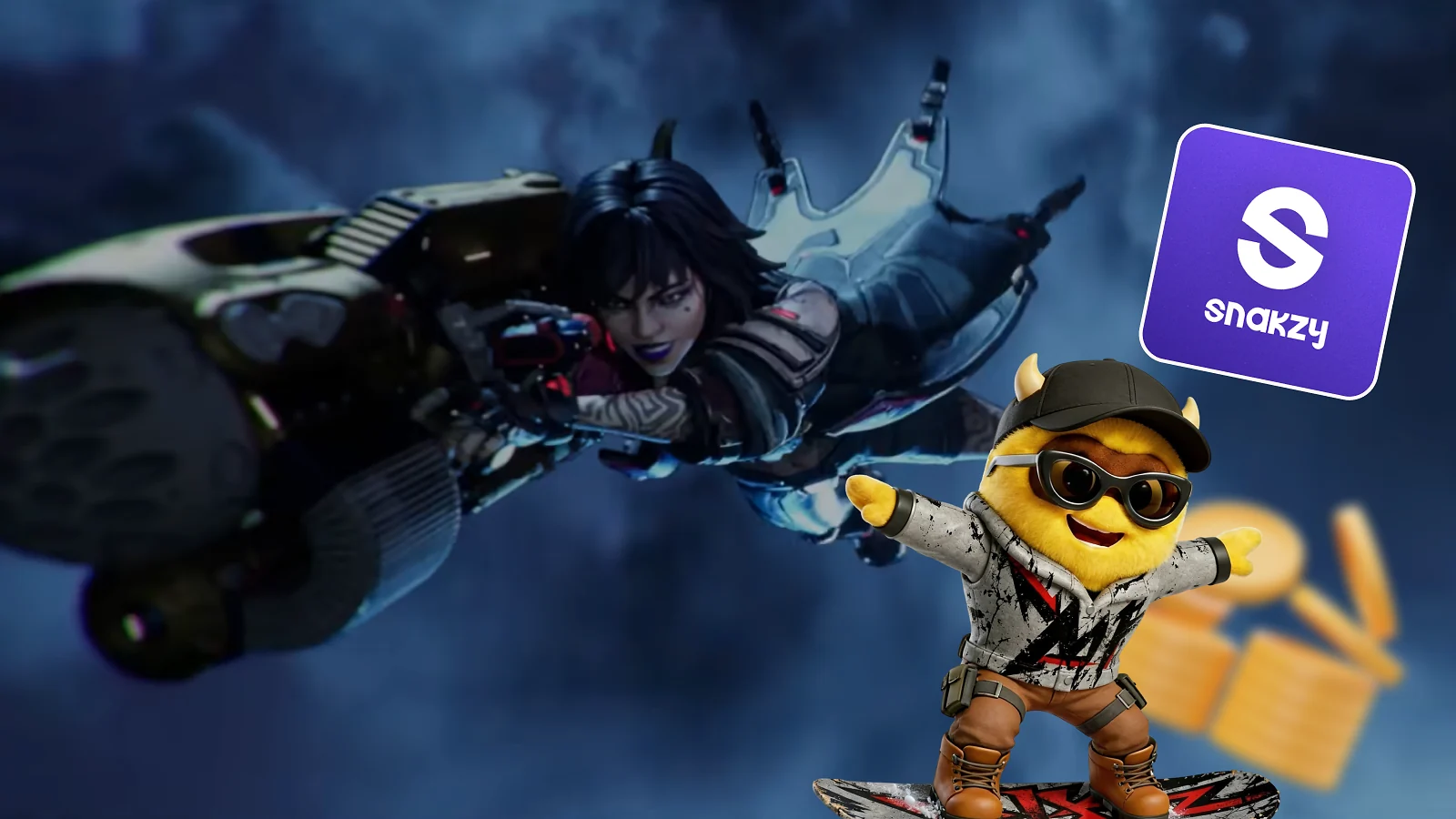 Un cazatesoros de Borderlands 4 junto a la mascota y el logotipo de Snakzy