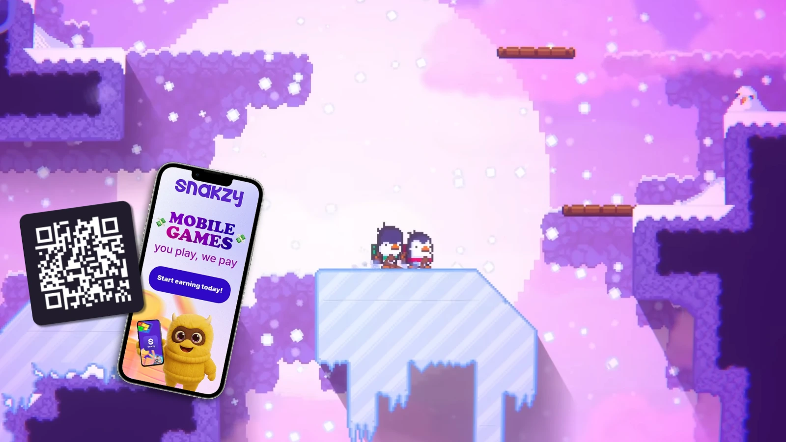 characters on a cliff, snakzy banner, QR code