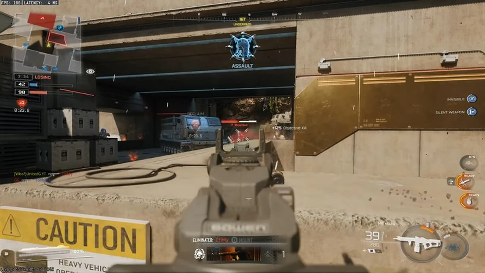 First-person view of a player aiming at an enemy near a heavy vehicle
