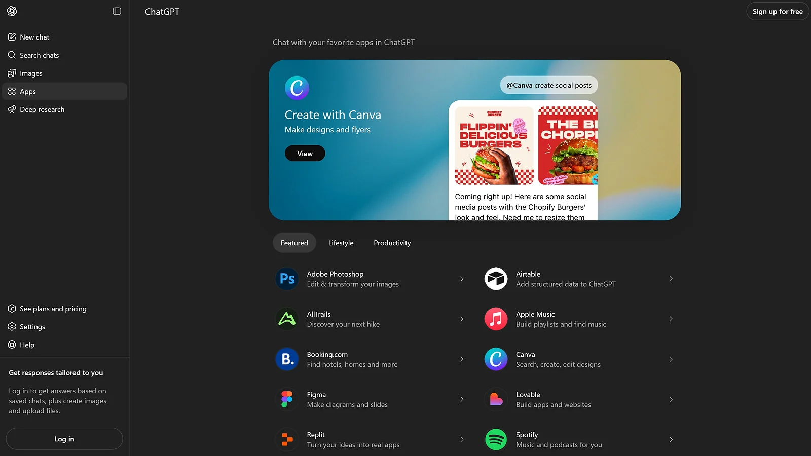 ChatGPT app interface showing integrations with Canva, Adobe Photoshop, and Airtable.