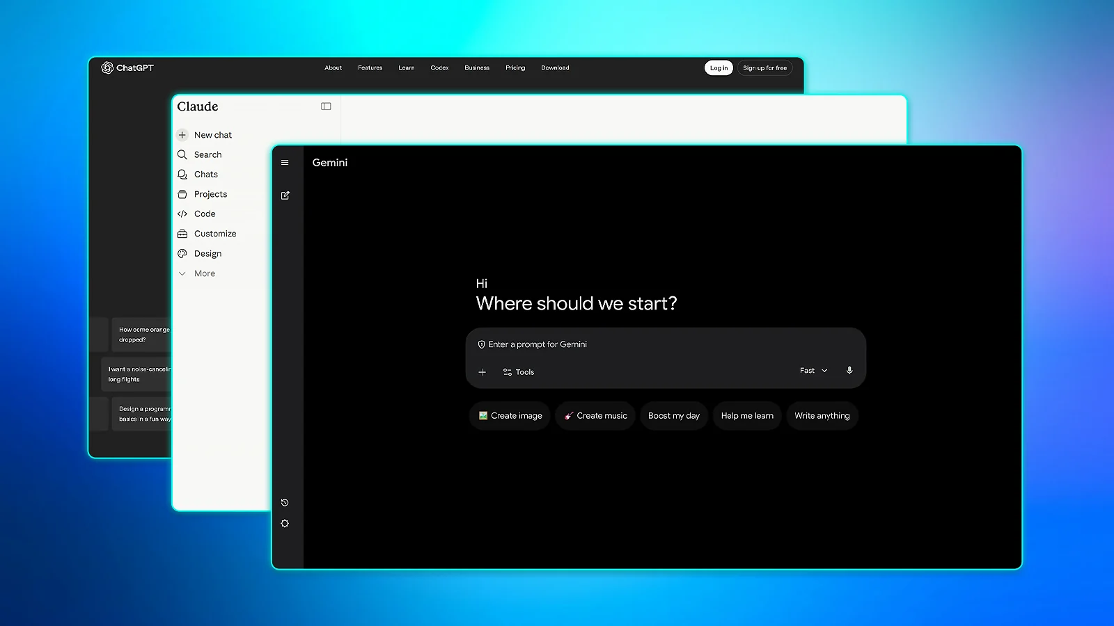 Layered browser windows showing the main interfaces for ChatGPT, Claude, and Google Gemini.