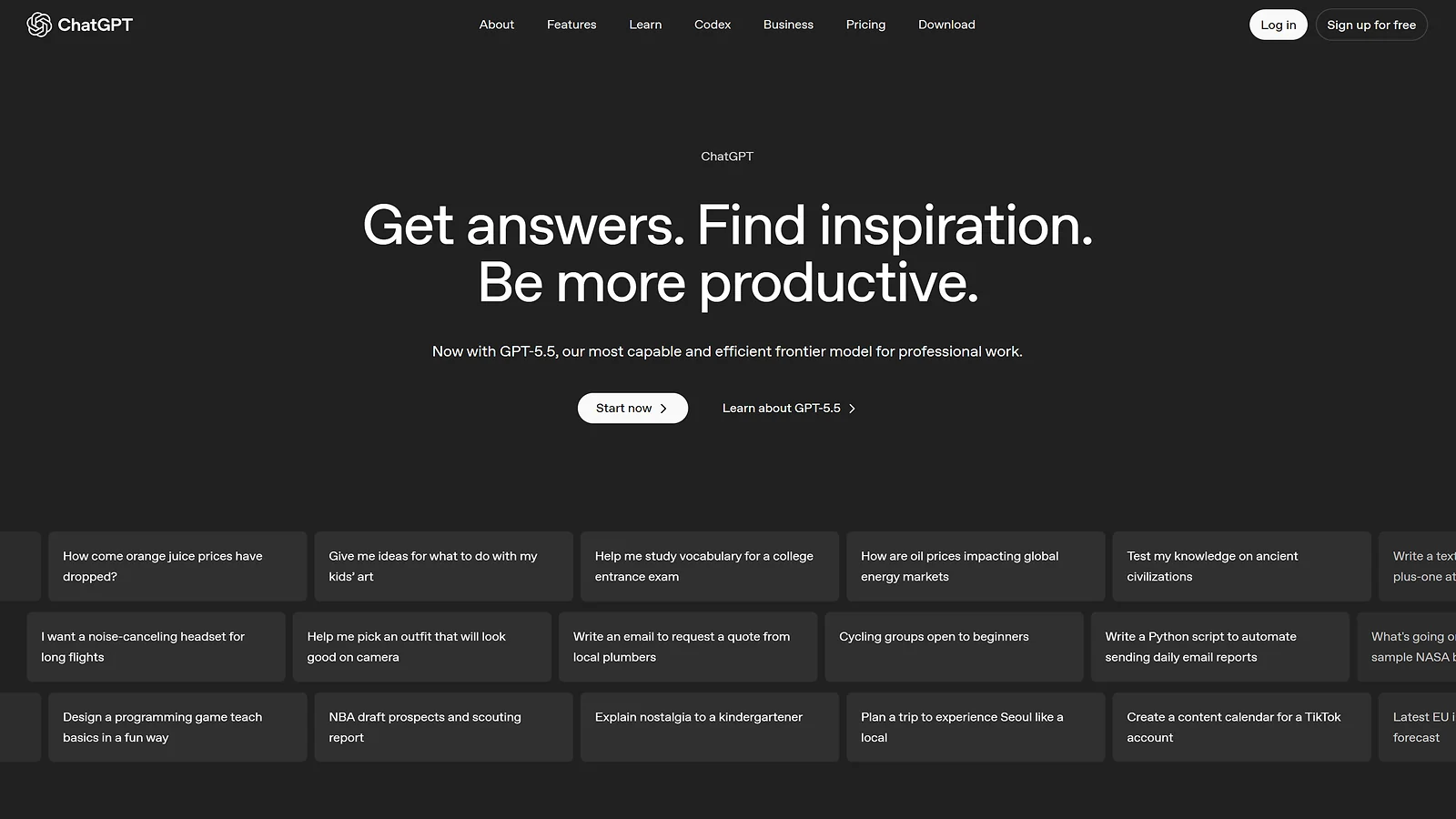 ChatGPT landing page highlighting the GPT-5.5 model and various prompt examples for productivity and inspiration.