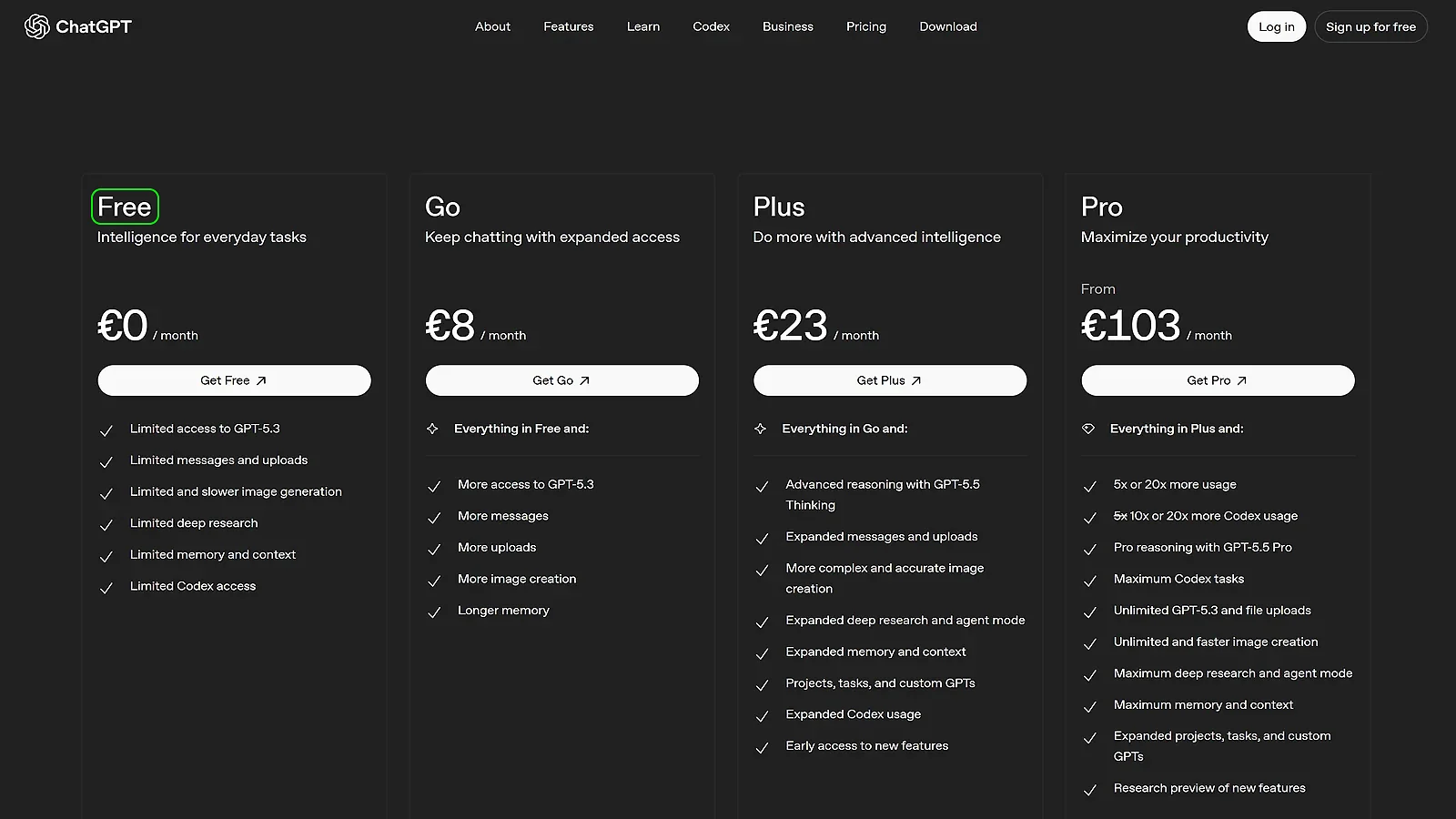 ChatGPT pricing page comparison showing Free, Go, Plus, and Pro subscription plans and features.