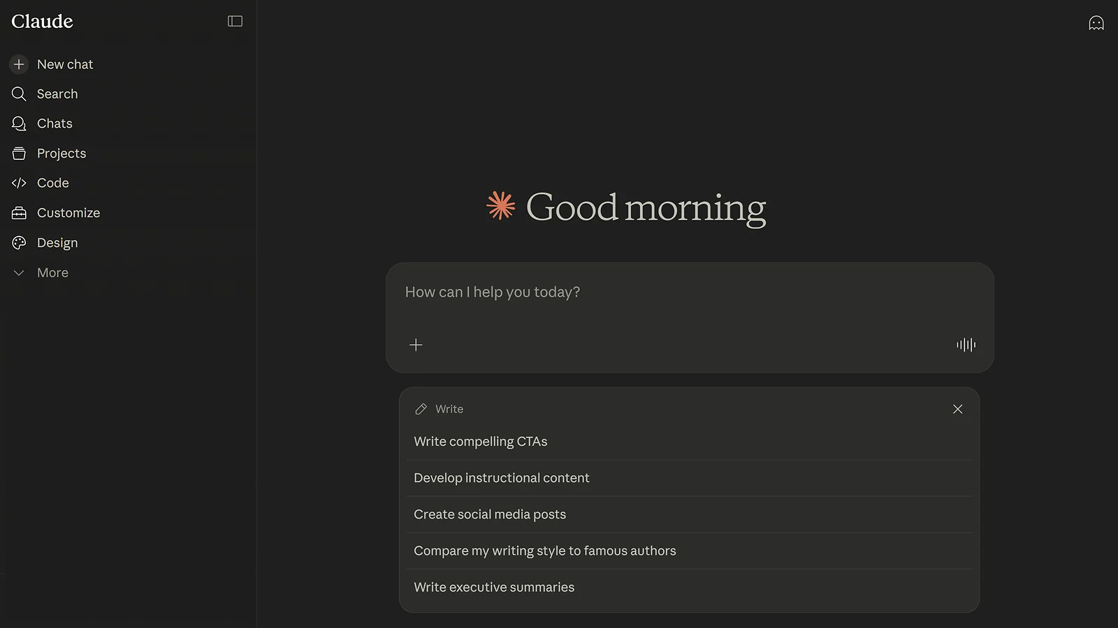 Claude AI chat interface with prompts for social media posts and executive summaries.