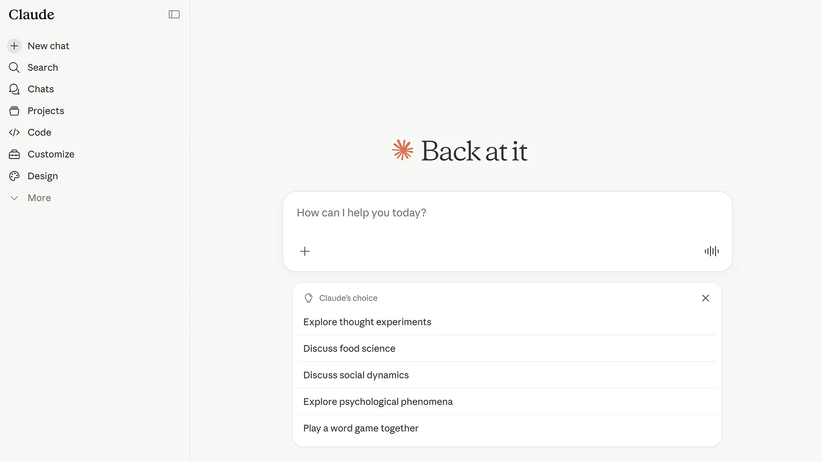 Claude AI chat interface showing suggested prompts like explore thought experiments and food science.