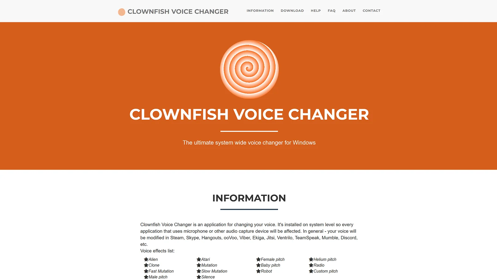 Cambiador de voz de pez payaso for Windows homepage listing various voice effects