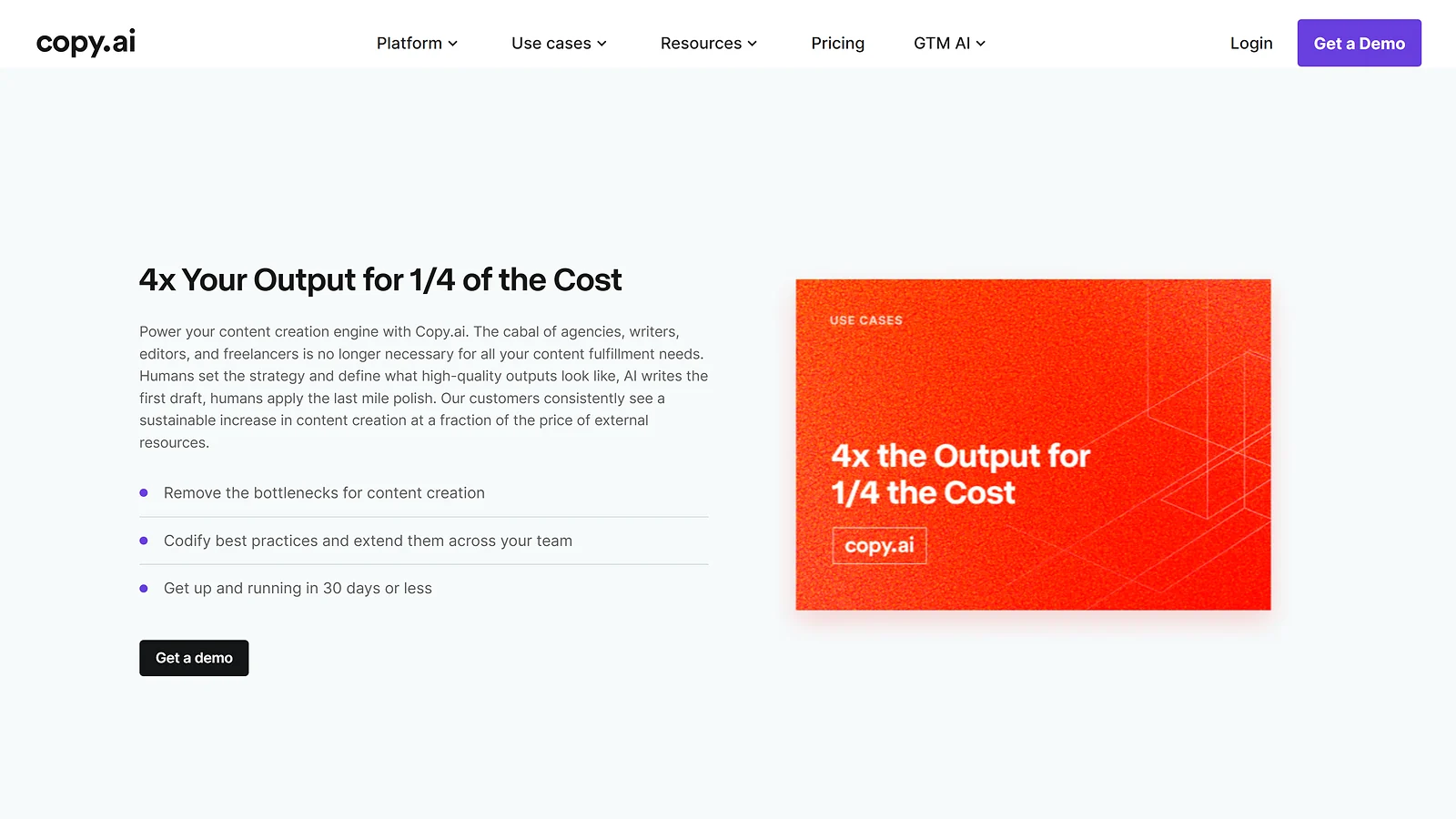 Copy.ai platform overview emphasizing automated content creation workflows for teams.