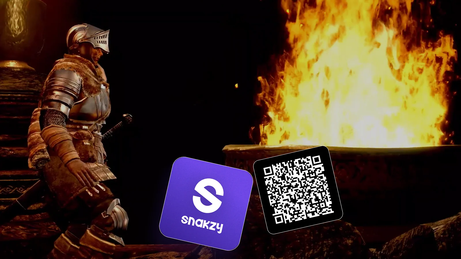A knight is next to the fire, snakzy logo and QR code
